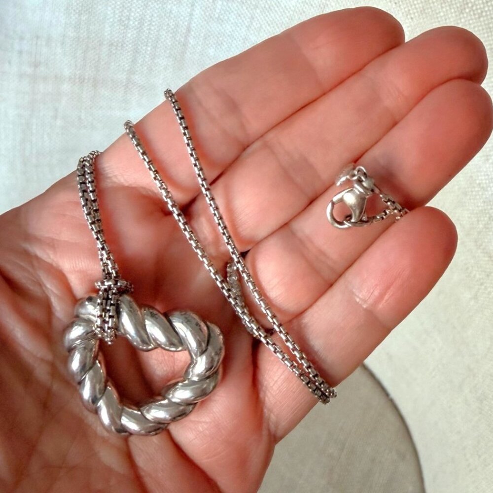 David Yurman Sterling Silver Cable Chunky Heart Pendant Box Chain Necklace 24"